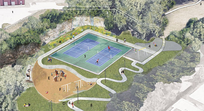 South Meadow Concept: A big slide into sand, play boulders and seating, and a path behind the tennis courts along a pollinator planting.